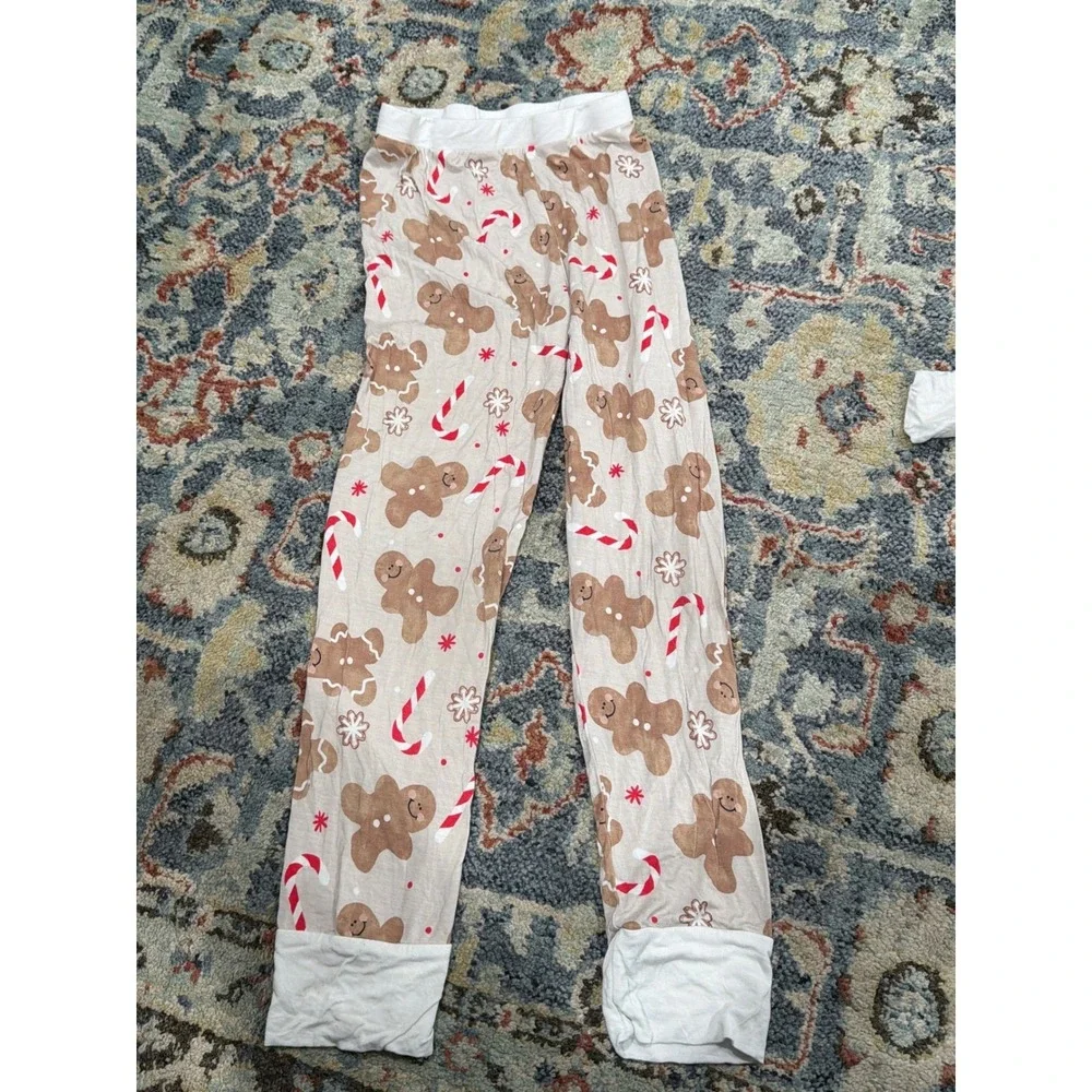 Bums & Roses Pajama Set Kids 9/10 Tan Gingerbread Bamboo Holiday EUC